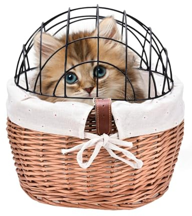 Cesta de bicicleta para perros, cesta de bicicleta para mascotas de mimbre con cubierta de malla de alambre, cesta extraíble para manillar delantero, cesta de bicicleta de mimbre para perros y gatos