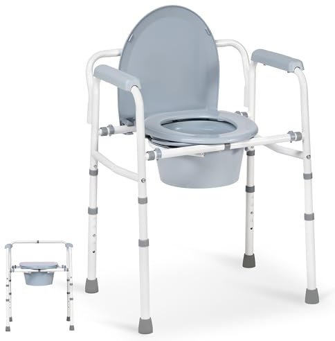 Careboda Bettnahe Kommodestuhl mit Eimer für Senioren – Tragbarer, extra breiter Toilettenstuhl, klappbarer Stahlstuhl mit 5 verstellbaren Höhen, Unterstützungsfähigkeit bis 159 kg, 7,1 l Eimer