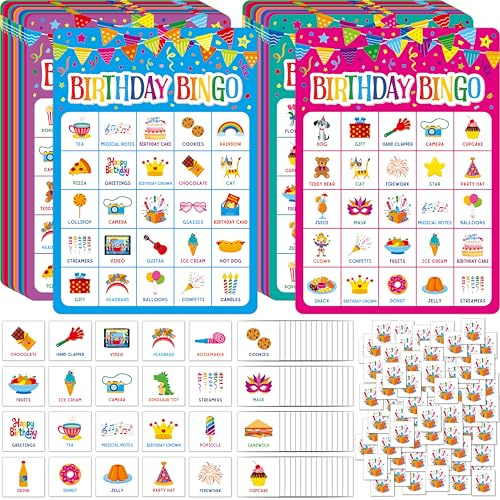 SpriteGru Gioco di bingo di compleanno, 25 carte da bingo, set di giochi per feste di compleanno per bambini o adulti, forniture per decorazioni per bomboniere