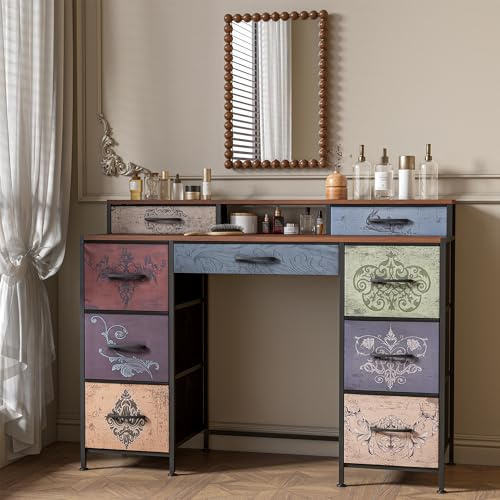 MASAJIA Tavolo da toeletta con deposito, scrivania con 9 cassetti e mensola, tavolo da trucco, stile industriale, per camera da letto (marrone)