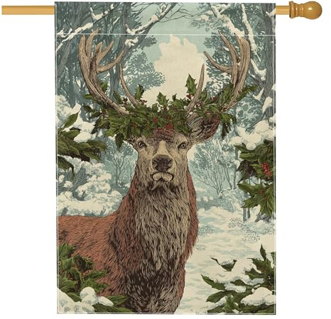Bandera de casa de ciervo, bandera rústica de invierno con acebo y nieve, arpillera marrón, doble cara, exterior, bandera de jardín grande para patio al aire libre, entrada, campamento, 28 x 40