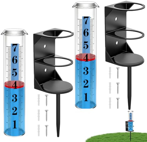 usefulbeauty 2 Set Pluviómetro Exterior, Medidor de Lluvia Preciso para Jardín, Tubo Grueso con Estaca, Cifras Grandes Claras y Altura Ajustable para Jardín, Césped, Terraza
