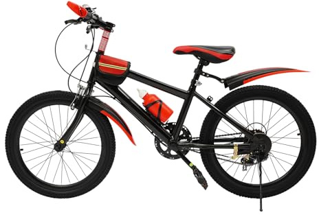 Guoked Bicicletta da bambino da montagna da 20 pollici, in acciaio al carbonio, capacità di carico di 75 kg, colore rosso, 7 velocità, altezza regolabile, con borsa di stoccaggio, per bambini a