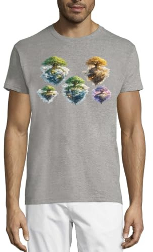 Flytande öar med frodiga träd och vattenfall rund hals bomull herr t-shirt grå