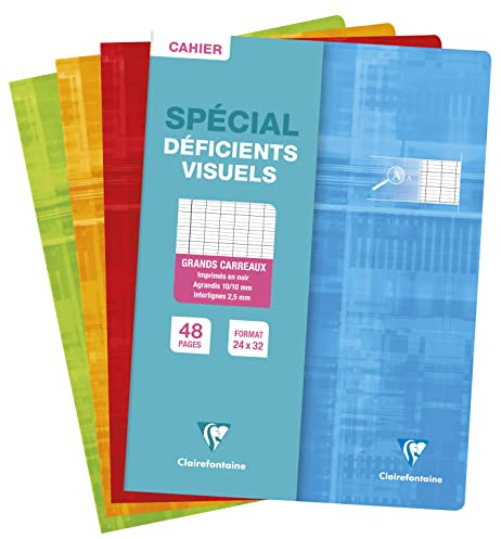 Clairefontaine 63196C Un Cahier Agrafé Déficients Visuels - 24x32 cm - 48 Pages Grands Carreaux Noirs 2,5 mm Agrandis 10/10 - Papier Blanc 90 g - Couverture Carte Pelliculée - Couleur Aléatoire