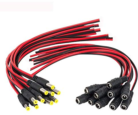 donjon DC Power Pigtail Cable 5.5mm x 2.1mm,18AWG Male and Female Connector,12V 5A DC Cable Connector,Barrel Jack Connector for CCTV Security Camera Adapter (10 pairs)