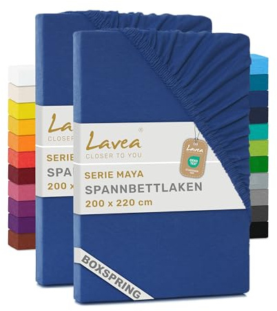 Lavea® Förpackning med 2 Bäddlakan 200x220 cm – 100% Bomull Mjukt och Andningsbart – för Tjocka Madrasser Upp till 35 cm – Jersey med Resår Runt Om – Kunglig Blå