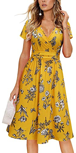 Newshows Women's Summer Short Sleeve Dresses V Neck Floral Print/Solid Faux Wrap Dress Casual Midi Sundress with Pockets