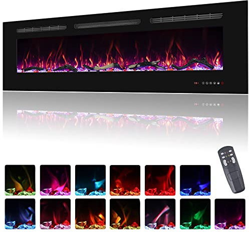 152cm Electric Fireplace Insert, Wall Mounted Fireplace Heater, 13 * 13 Flame Effects, Realistic Logs Ember Bed, Adjustable Thermostat & Timer, 1500W, Black(60)