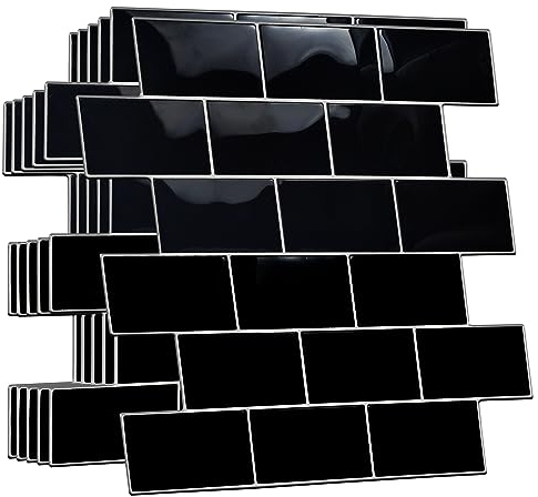 WALPLUS 3D Tile Stickers, 30.5 x 15.4 cm, Mosaic Tiles, Self-Adhesive, Shiny Adhesive Tiles, Kitchen, Waterproof Tile Stickers, Bathroom Epoxy Resin Finish, Adhesive Tiles, Black, Metro for Bathroom