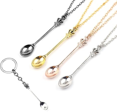 TAFACE 4 pièces collier cuillère avec 1 porte-clés, mini breloque cuillère, breloque cuillère cachée, ensemble de collier cuillère à thé pour bal, fête (or, argent, or rose, noir)