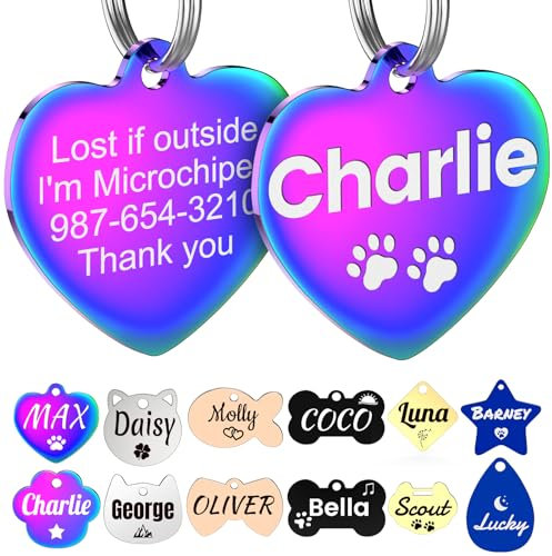 Hundetiketter, personlig husdjurs-ID-bricka för hund och katt, hundnamnbricka i rostfritt stål med olika ikondesigner i färgglada, blå, roséguld, silver och svart, dubbelsidiga graverade