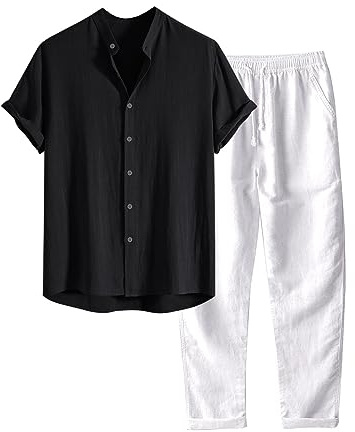Generico Set da 2 Pezzi in Lino da Uomo Completi Estivi per Le Vacanze al Mare, Camicia a Maniche Corte Casual abbottonata Set di Pantaloni Lunghi Larghi
