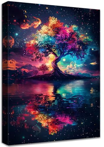 Wooden Framed Canvas Wall Art Colorful Tree of Life Canvas Print Abstract Blue Red Starry Night Scene Picture Painting Poster Home Office Corridor Living Room Bathroom Bedroom Wall Decor 30x40cm