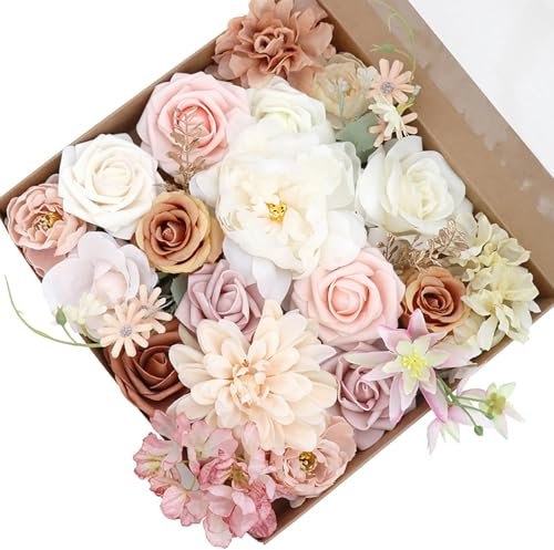 RoseFlower Artificial Flowers Combo Box Set - White & Pink Fake Roses, Wisteria & Gypsophila for Wedding Cake Decorations, Bridal Bouquet, Cake Flowers, DIY Wedding Decorations