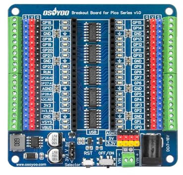 OSOYOO Breakout Board for Raspberry Pi Pico - GPIO Status LEDs, Reverse Power Protection, 3-Pin Sensor/Servo Interface, Independent 5V/3.3V Power Supply, On-Board Screw Terminals for Prototyping