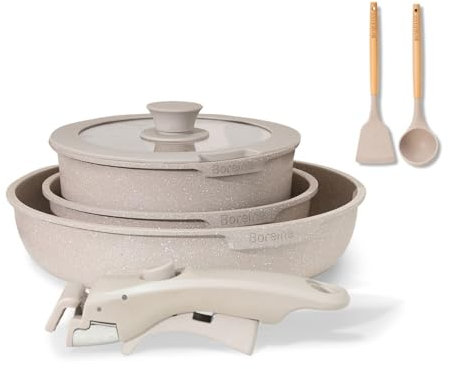 BOREINE Juego de Ollas y Sartenes 7 Piezas, Batería de Cocina Antiadherente, Mango Desmontable, Apta para Inducción, Gas, Vitrocerámica y Horno, No Tóxico Sin PFOA, Marrón