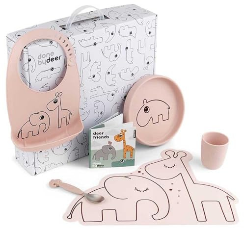 Done by Deer Geschenkbox Dinnerset Rosa - Kinder Geschirr-Set mit Silikon Kinderteller, einen Silikon mini Trinkbecher, ein Silikonlätzchen, eine Platzdeckchen und einen Easy-grip Löffel
