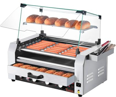 VEVOR Hot Dog Roller, 18 Hot Dog 7 Rollers, Stainless Steel Sausage Grill Cooker, 1200W Hot Dog Machine with Bun Warmer, Cover, 3 Temp Control, Side Storage Box, Oil Drip Tray, for Home & Commercial