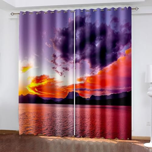 AMDXD Lila Orange Verdunklungsvorhänge Gardinen mit Ösen, Meer Berg Blickdicht Vorhänge, Thermovorhang Ösenschal Vorhang B214 x H214 cm/Pcs (2er Pack)