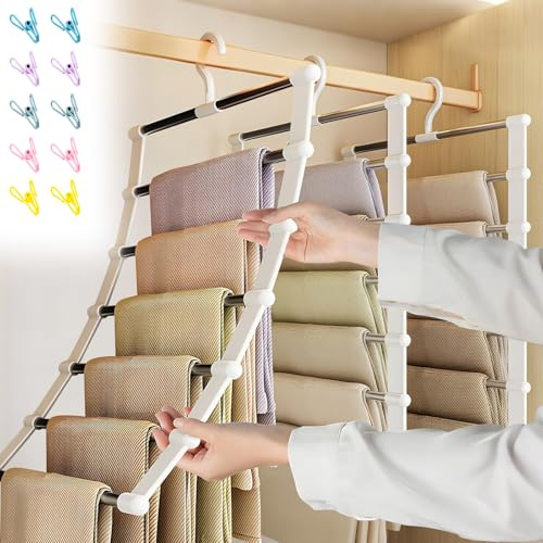 3 Pezzi Grucce Pantaloni, 7 in 1 Appendiabiti Salvaspazio Con 10 Pinze Panni, Appendiabiti Pantaloni Magici, Antiscivolo Acciaio Inox Portapantaloni Armadio per Vestito Asciugamano Sciarpa Cravatta