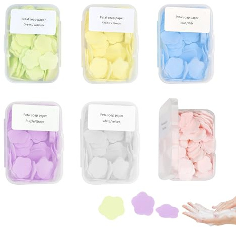 6Boxes Mini Travel Soap Paper Pure Natural Plant Extract Soap Sheets Portable with Storage Case Water-Activated Disposable Mini Travel Toiletries for Camping Hiking Outdoor Activities