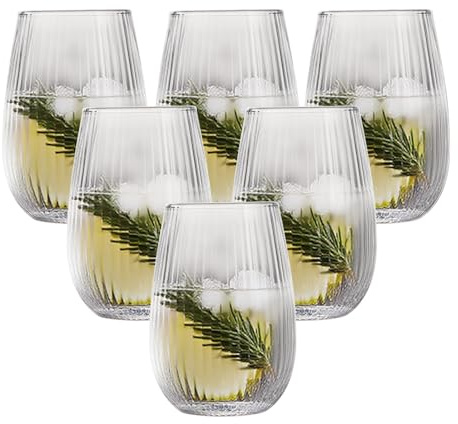 Tasses en verre côtelées Ensemble, Lot de 6 400 ml lave-vaisselle tasses de boisson sûres, verrerie en cristal Highball verres Ensemble, design élégant côtelé, parfait pour l'utilisation quotidienne