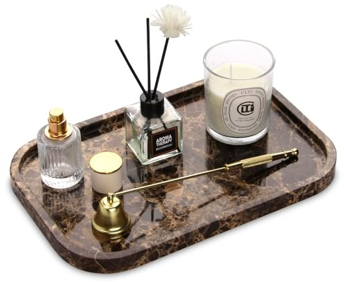 Bandeja Mármol para Baño, Bandeja Portaobjetos Moderno Decoraciones Vaciabolsillos Entrada Organización para Velas Cocina Tejidos Jabón Champú Cosméticos (Marrón Oscuro, 30 x 20 x 1.8 cm)