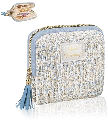 Pequeño Bolsa para Joyas Joyero Viaje para Mujers Niñas Cajitas Regalo Pequeñas Navidad Cumpleaños Aniversario Bolsita de Tela para Joyas con 5 Compartimentos Estuche Organizador Anillos(BL-Blanco)