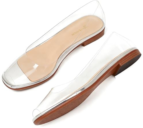 Dystralix Women Clear Flats Shoes Open Peep Toe Slip On Transparent Sandals Pumps Flat PVC Heels Crystal Pumps Office Wedding Party Dressy Summer Casual Ballet Flats Peep-Toe Flat-Clear Size 7