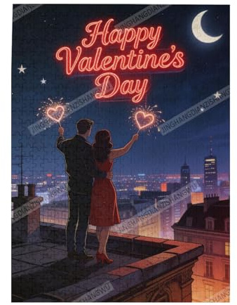 Happy Valentine's Day Rooftop Couple Heart Sparklers Wooden Jigsaw Puzzles for Adults 500 Pieces Great Party Fun Game for Friends & Family Gatherings Entertainment Boosts Teamwork