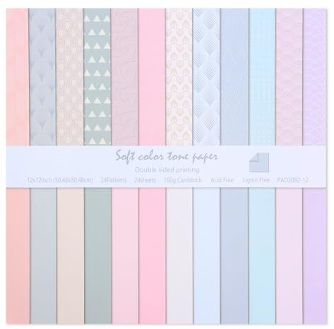 Scrapbook Paper,24 Sheets 12x12 in Textured Scrapbook Paper Set,Soft Color Patterned,Double Sided Printing,for DIY Card Making,Journaling,Photo Albums,Home Decoration(Pastel)