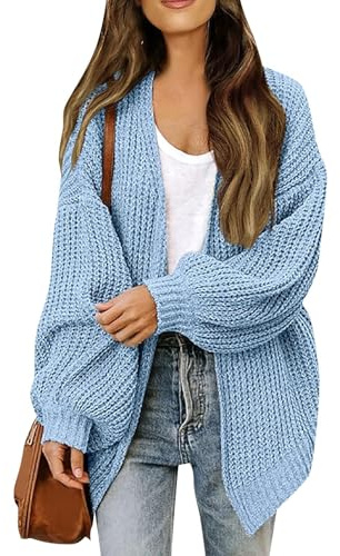 Générique Gilet en Grosse Maille pour Femme Coupe Ample et Ouverte sur Le Devant Manches Longues Pull Décontracté et Chaud avec Poches Idéal pour L'Automne et l'hiver Bleu Clair Taille M