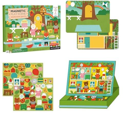 Petit Collage: Animal Friends Magnetic Game Board with Mix & Match, Ideal for Ages 3+, Includes Mag Play Scene Treehouse Party, 74 Count