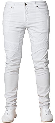 Enzo Jeans pour homme Coupe super skinny stretch déchiré Pantalon de motard en denim pour toutes les jambes, blanc, 30 W/32 L