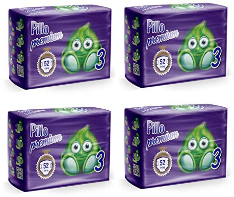 PILLO Premium Midi, Taglia 3 (4-9 Kg), 4 Pacchi da 52 (208 Pannolini Bimbo)