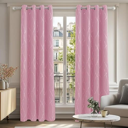 Deconovo Super Soft Wave Line Foil Printed Thermal Insulated Blackout Curtains Grommet Top Curtains for Nursery 52x72 Inch Pink 2 Panels