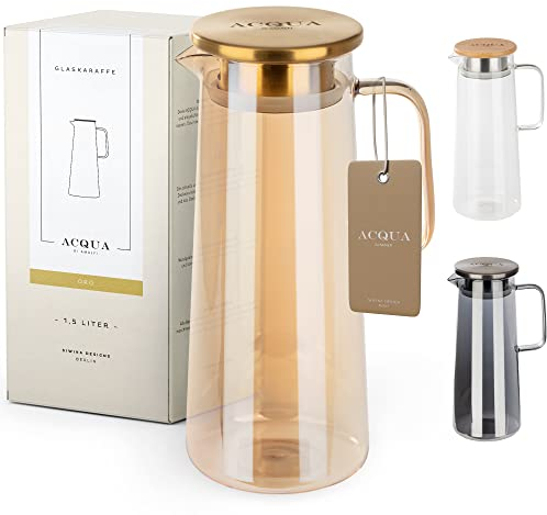 ACQUA DI AMALFI® Glaskaraffe mit Deckel | Wasserkaraffe 1,5 Liter | Glaskanne mit Deckel | auslaufsicher & hochwertig | Karaffe Glas ideal für Limonade, Wasser & Tee (GOLD/GOLD)