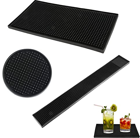 3 Pezzi Tappetino Antigoccia in Gomma, Tappetino Bar In Gomma, Tappetino Da Bar, Antiscivolo Tappetino Bar In Gomma, per Preparare Cocktail, Miscelare Bevande, Casa, Caffetteria, Bar, Nero