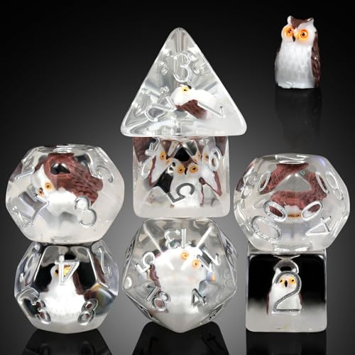 Owl DND Dice, DNDND 7PCS Resin D&D Dice with Velvet Bag for Dungeons and Dragons Role Playing Games and Tabletop Games（Owl