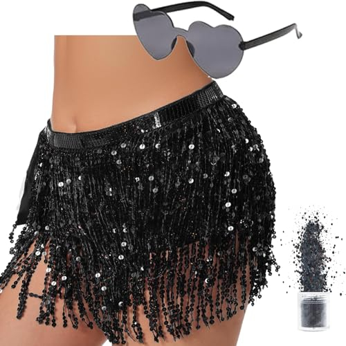 Pailletten Rock Damen Bauchtanz Hüfttuch，Glitzer Rock Damen für Halloween Karneval QuastenRock， Glitzerrock Bauchtanz Kostüm Damen und Mädchen (Polyester, schwarz)