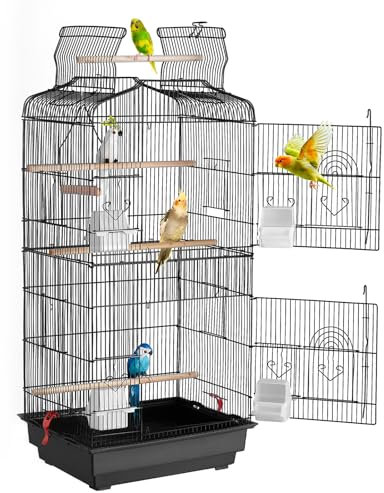 VEVOR Gabbia per Uccelli, 45,7 x 35,5 x 92,5 cm Grande Gabbia per Parrocchetti con Parte Superiore Aperta, Gabbia per Uccelli in Acciaio Sospesa con Vassoio Rimovibile, 4 Trespoli, per Inseparabili