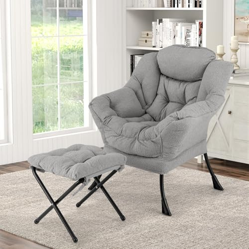 Multigot Accent Armchair, Upholstered Sherpa Single Sofa Chair with Side Pocket, Metal Frame Relax Lounge Chair Occasional Leisure Sofa for Living Room Bedroom (with Footstool, Grey)