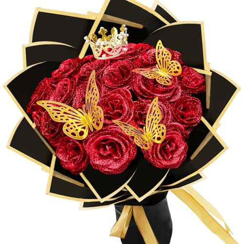 LARDUX Lot de 24 bouquets de roses artificielles à paillettes avec couronne pour cadeaux, anniversaire de mariage, fiançailles, anniversaire, fête des mères