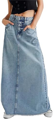 seiveini Faldas de Mezclilla para Mujer Larga Falda Vaquera Cintura Alta Verano Vintage C Azul Claro M