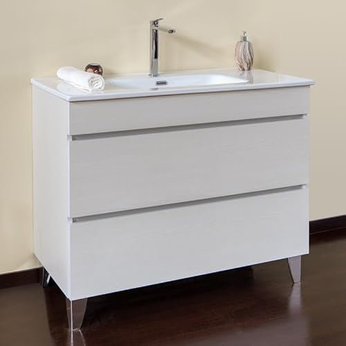 Yellowshop | Mobile Bagno Musa 80 cm - Composizione Completa con Lavabo Ceramica e 2 cassetti con Guida Soft-Close - Finitura Frassino Moirè (Mobile con Lavabo)