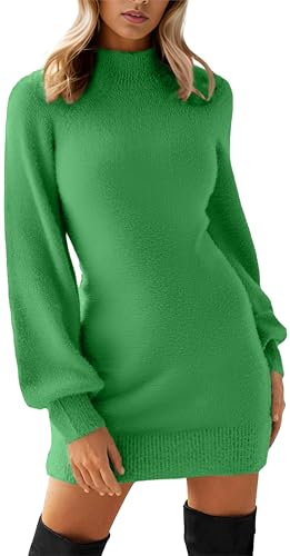 GRECERELLE Womens Knit Jumper Dress Winter Crew Neck Long Sleeve Bodycon Pullover Ladies Mini Sweater Dresses (Emerald Green, XL)