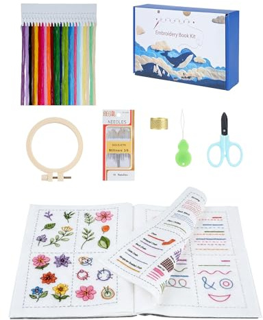 Stickbuch mit Stickstichen Komplettes DIY Stickbuch zum selber Sticken Stickset für Anfänger Erwachsene inkl. Garn Nadeln Übungsstoff, Systematisches Lernset Stickset Buch Stichbuch Embroidery Book