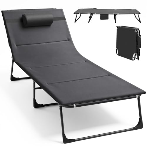 The Fellie Camping Cot for Adults, Padded Sun Lounger with Mattress&Pillows, 4-Position Adjustable Backrest Folding Lounger, Fishing Bedchair, Portable Camp Bed for Home Office Nap Beach Travel, Black