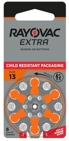 Rayovac Extra Size 13 Hearing Aid Batteries, Long-Lasting Power, Zinc-Air, Mercury Free, 1.45V, Improved Child-Resistant Packaging, Recyclable, 60 Count (10 Packs of 6)